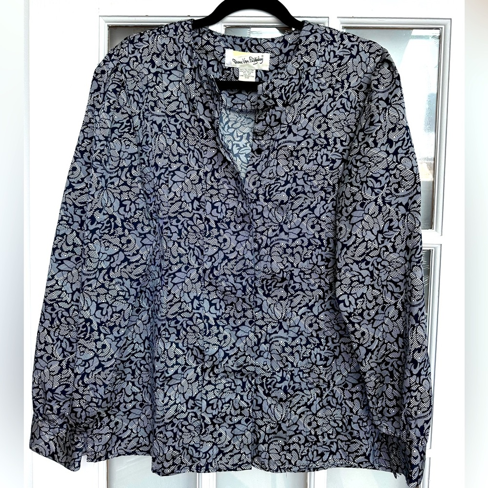 Vintage Diane Von Furstenberg Blue Floral Long Sleeve Pleated Blouse Size 12 L